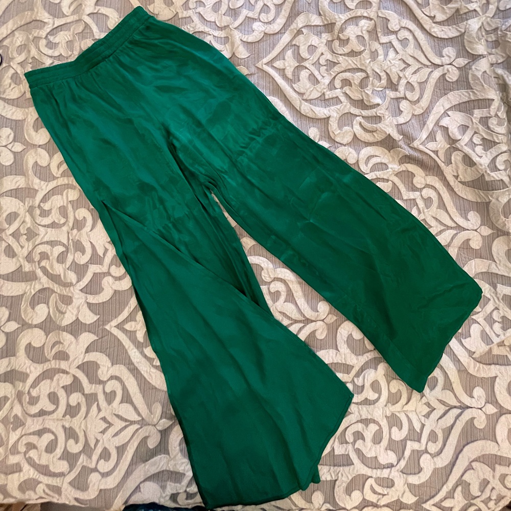 Green shiny pants big side  slits
